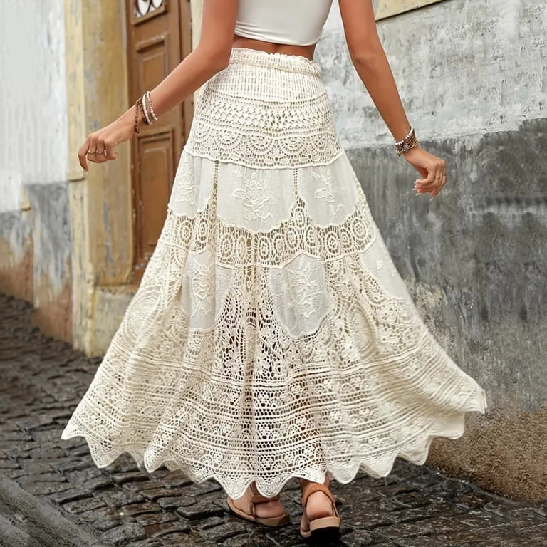 Hxshgdsn Womens Lace Crochet Maxi Skirt Elastic Waist Boho Dresses Summer Vacation Skirts Party OutfitsWhite/Free Size, Women's