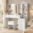 thumbnail image 1 of VEANERWOOD Grande Coiffeuse avec Lumières et Miroir Coulissant Table de Maquillage avec 5 Tiroirs de Rangement et Station de Recharge, Blanc, 1 of 13