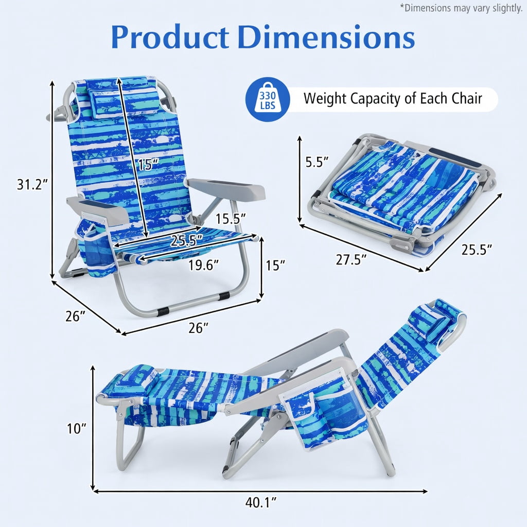 Hommoo Foldable Beach Chair with Cup Holder & Storage Pockets, Lightweight Aluminum Frame, Adjustable Backrest, Navy