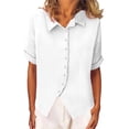 thumbnail image 3 of Pxxlle Button Down Shirts for Women Business Casual Short Sleeve Shirt Solid Color Curved Hem Blouses Dressy Lapel Tops White S, 3 of 10