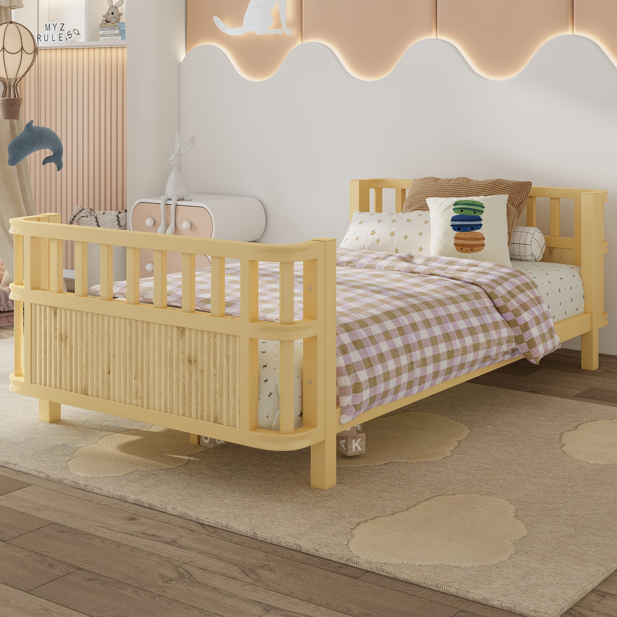 Miniyam Kids Twin Fence Bed with Safety Rails, Low Profile Platform Bed for Children, Sturdy Slatted Support, Natural