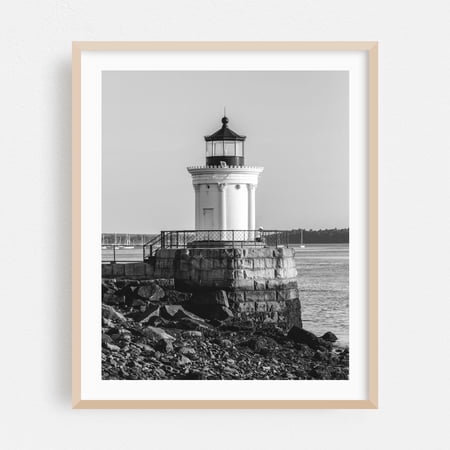 Bug Light, Portland B&W - South Portland Maine Photography Oak Framed Wall Art Print 16 x 20 inches