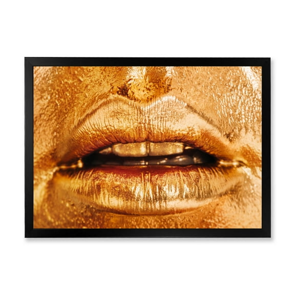 Designart 'Close Up Of Female Lips With Bright Golden Makeup' Modern Framed Art Print