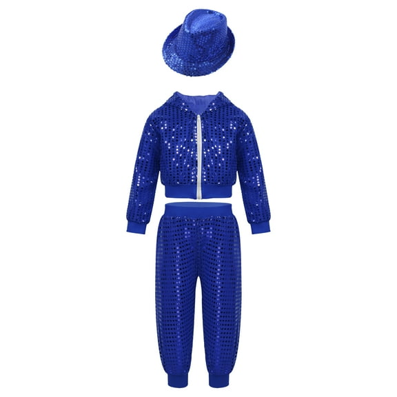 Yeahdor Kids Boys Jazz Hip Hop Dance Costume Outfit Sequins Hooded Jacket with Cargo Pants Latin Dancewear Blue 13-14