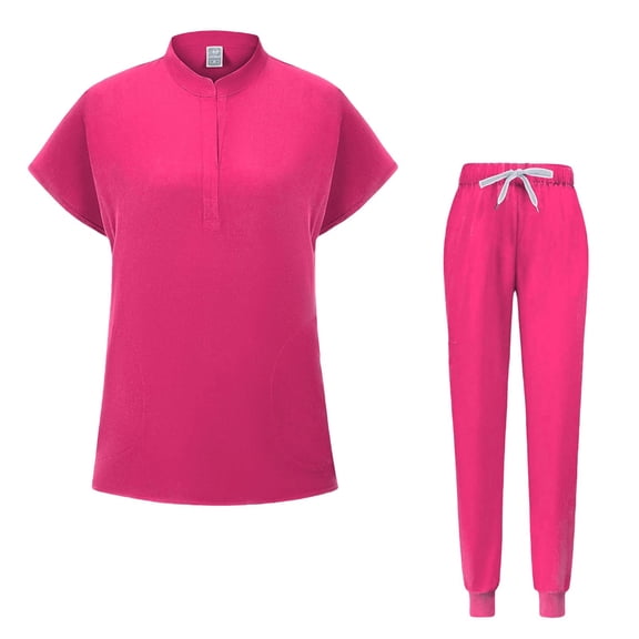 WRKEKC Scrubs for Women Solid Color Loose Fit Drawstring Waist Pocket Pants with Short Sleeve Round Neck Top for Medical Nursing Wear