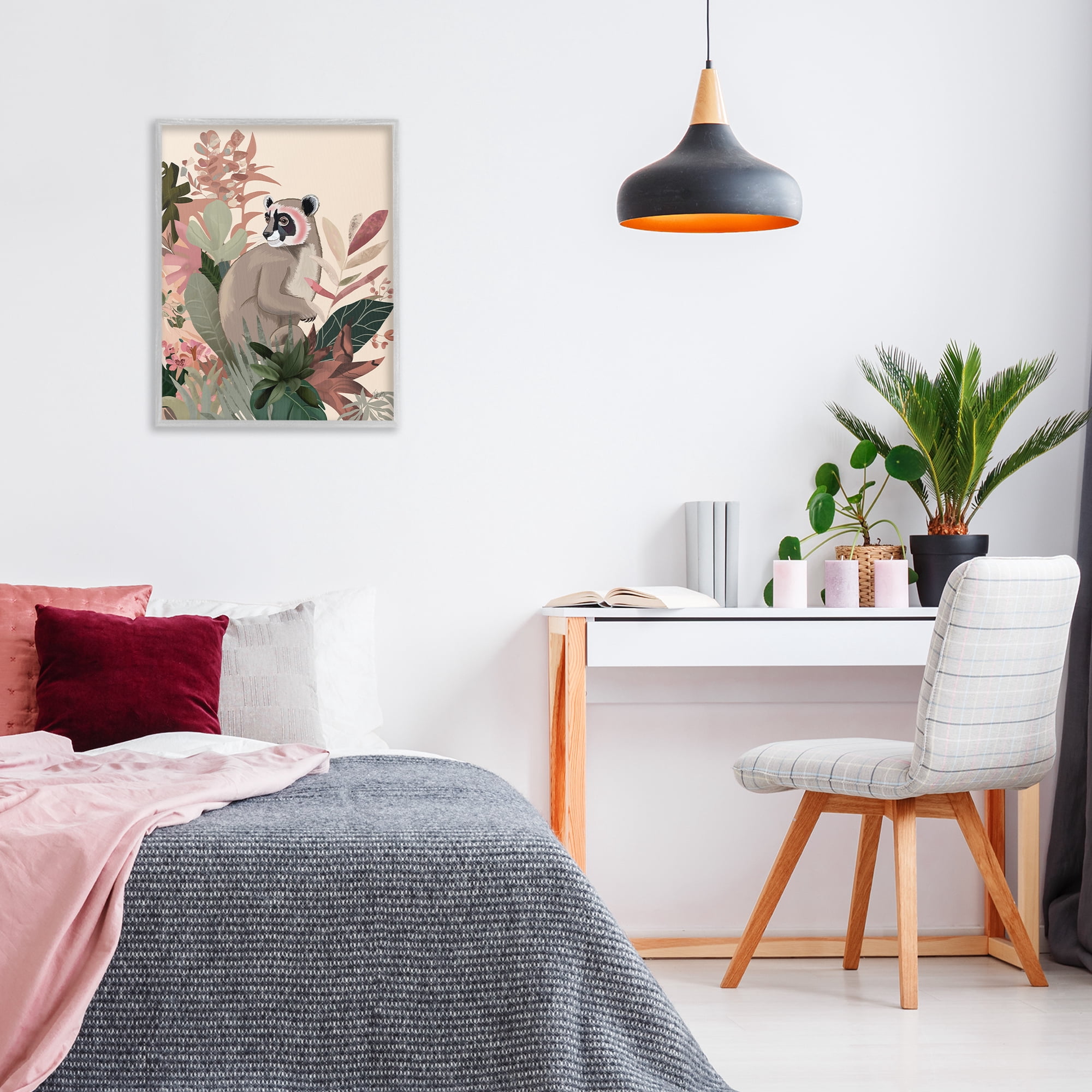 Stupell Industries Lemur & Tropical Plants Animals & Insects Painting Gray Framed Art Print Wall Art, 24 x 30