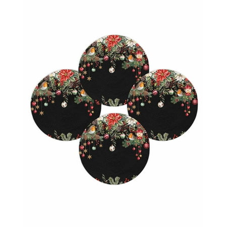 Christmas Round Placemats Set of 4 Poinsettia Floral Place Mats Washable Woven Placemat Bird Berry Xmas Balls Black Circle Braided Table Mat for Kitchen Dining Table Party Home Decor 15 Inch