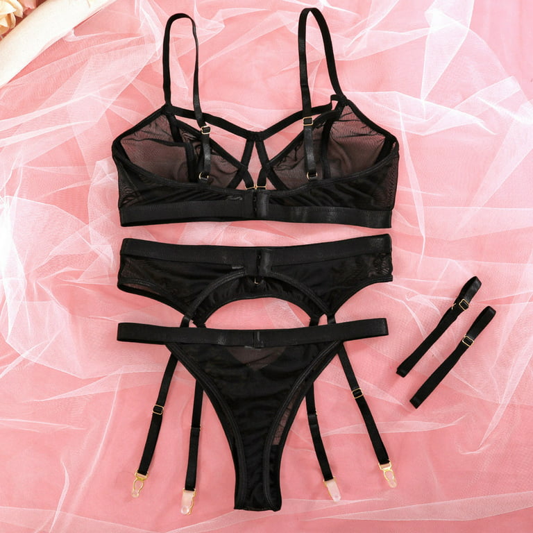 Sexy Applique Embroidered Underwire Push Up Garter Belt Lingerie Set For  Women Mesh Sheer Bra Panty 