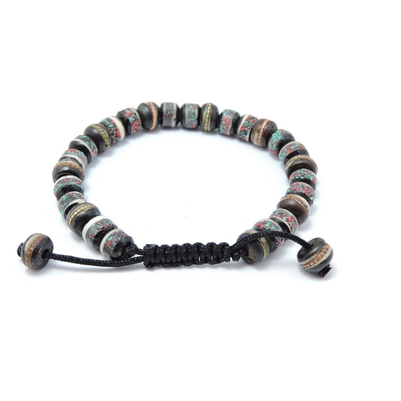 Tibetan Mala Embedded Medicine Wrist Mala for Meditation Handmade Draw String Silk Pouch (Dark medicine bracelet)