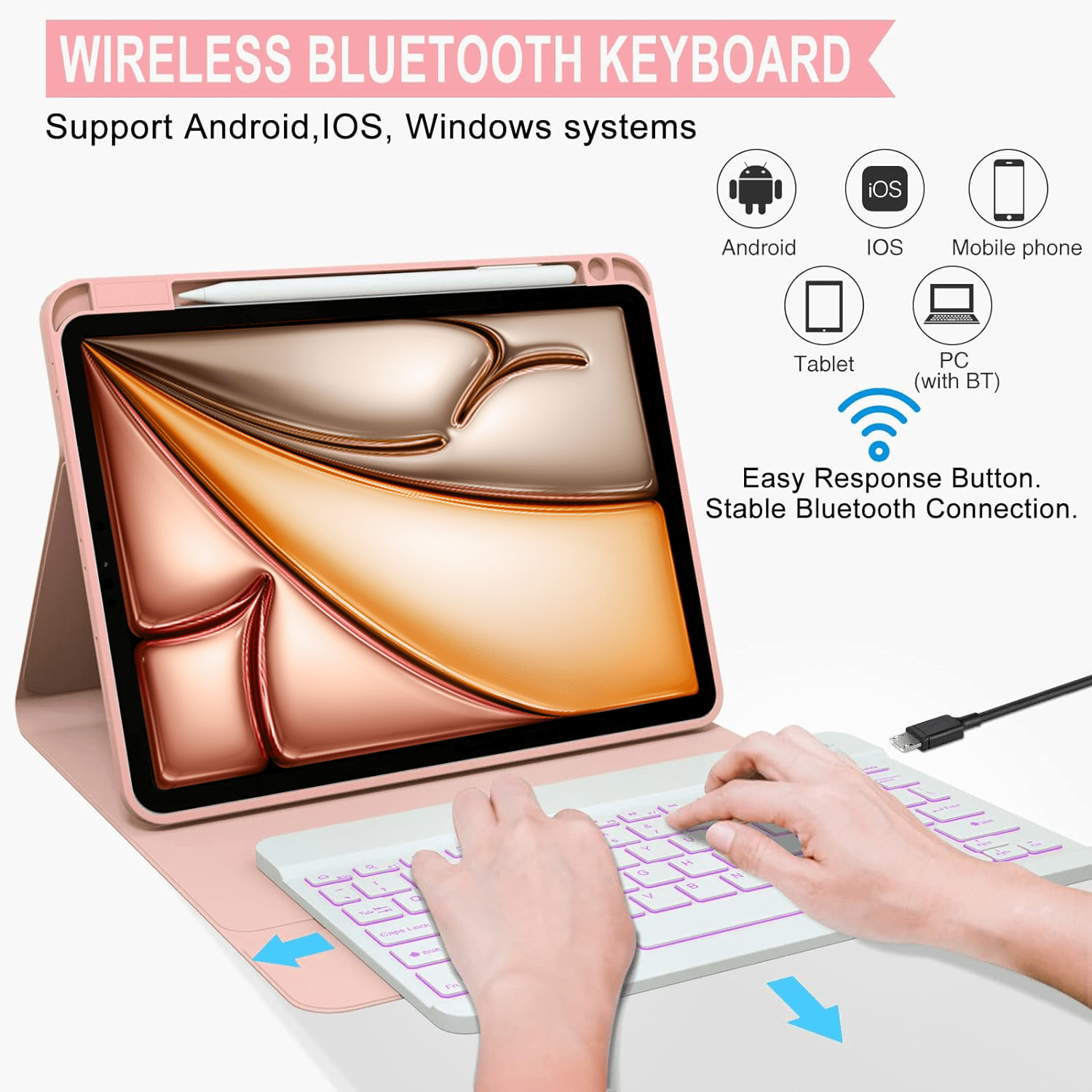 Vinci Keyboard Case for iPad Air 11-inch (M2) /6th 2024 & iPad Pro 11(4th/3rd/2nd/1st Gen)，Air 5th/4th 10.9”with Pencil Holder,360° Rotatable Magnetic Case,7 Colors Backlight Wireless Keyboard(Pink)