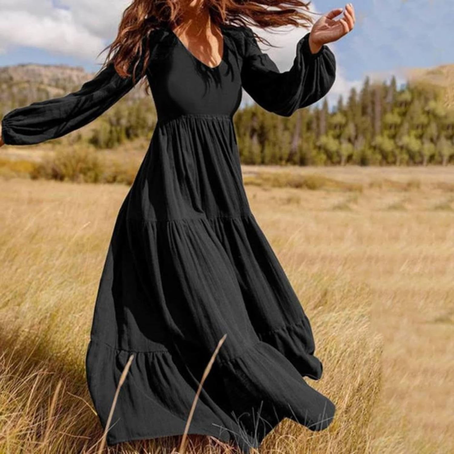 Municipal Women's Fall Long Sleeve V Neck Ruffle Maxi Dress