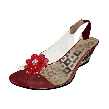 CHOII 50% Clearance Women s Ladies Sweet Fashion Wedges Crystal Flower Peep Toe Sandals Shoes High-heeled Sandals Transparent Upper  Bloom your Beauty Ankle Strap Sandals Comfort Sandals Red/9.5