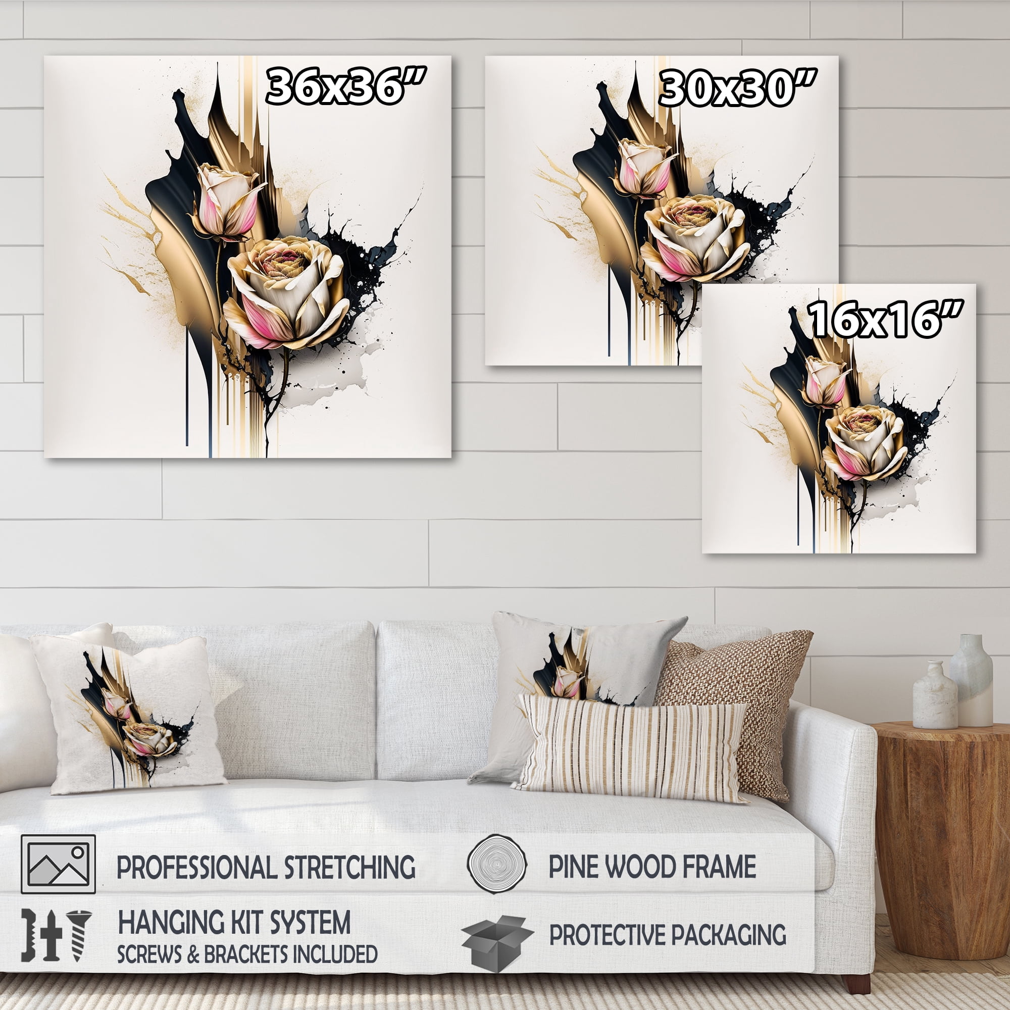 Designart Roses Flow Flower On Golden Beige Paint VI Canvas Wall Art