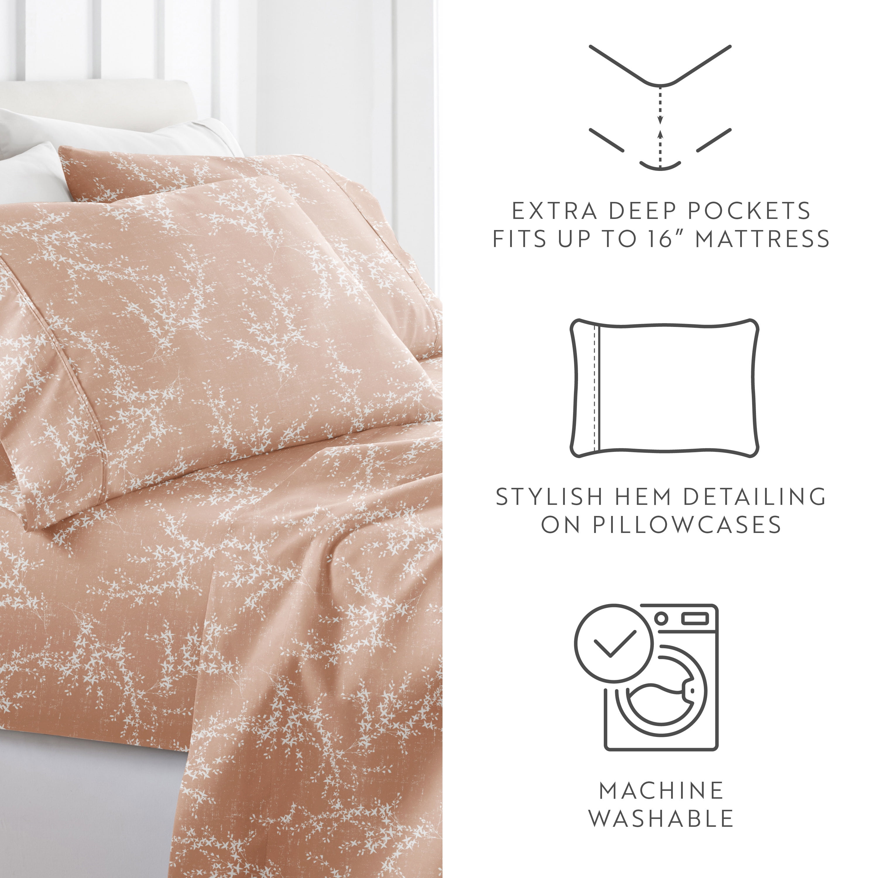 Noble Linens 4 Piece Pattern Microfiber Bed Sheets Set, Distressed Willow Apricot, King
