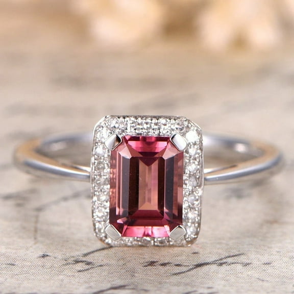 1.27 Cts Emerald Cut Pink Tourmaline and Diamond Halo Ring 14k White Gold