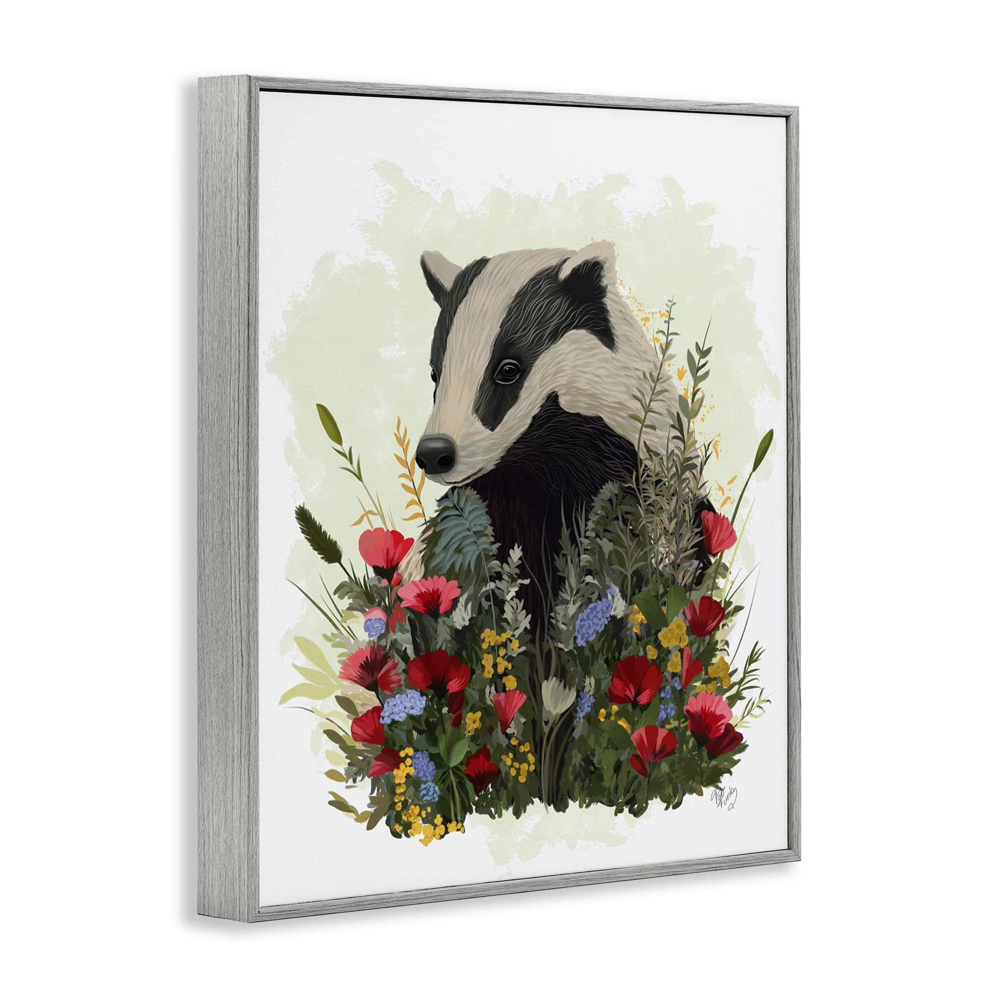 Stupell Industries Badger with Poppy Blossoms Animals & Insects Painting Gray Framed Art Print Wall Art, 24 x 30
