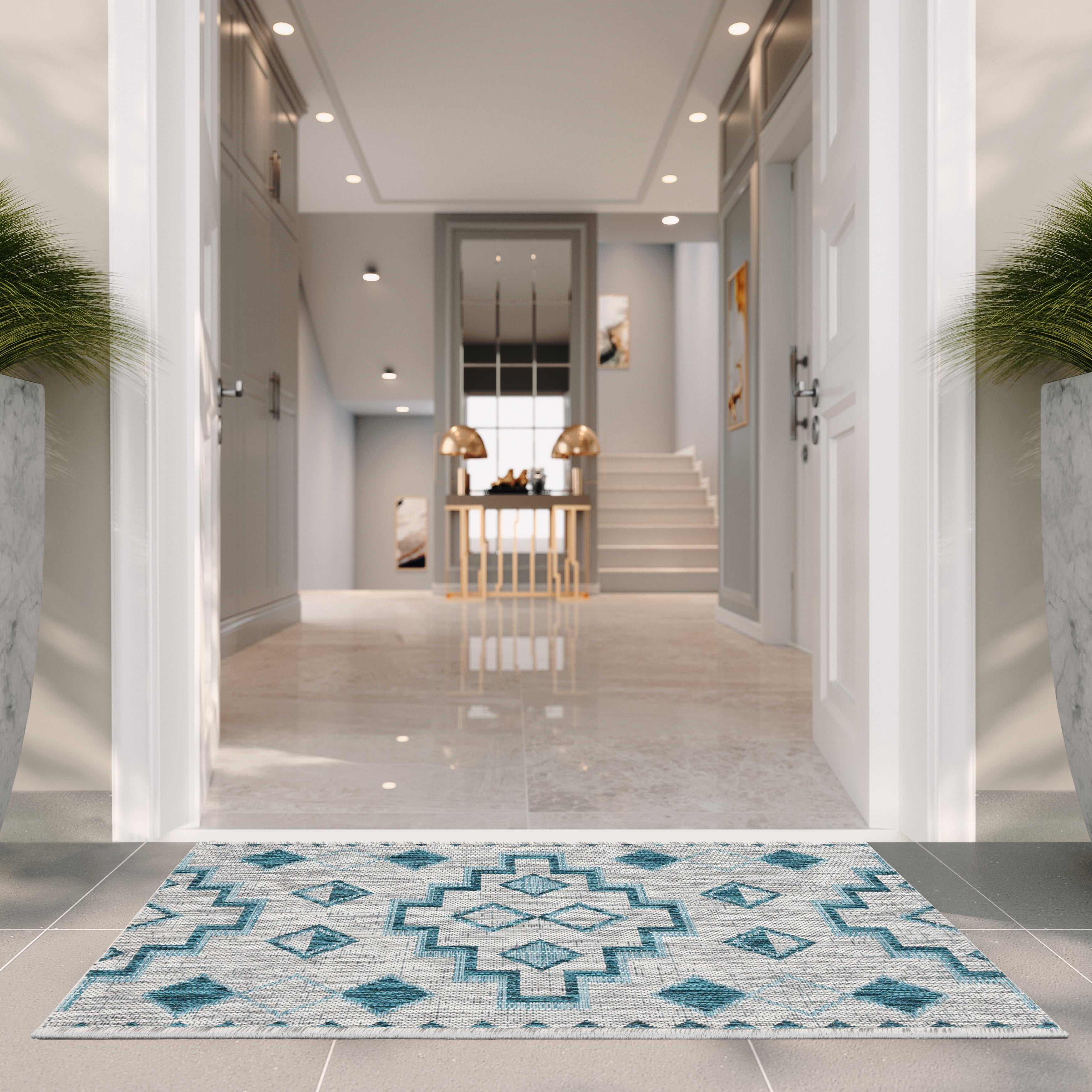 SAFAVIEH Courtyard Floella Geometric Indoor/Outdoor Area Rug, 4' x 5'7", Grey/Teal