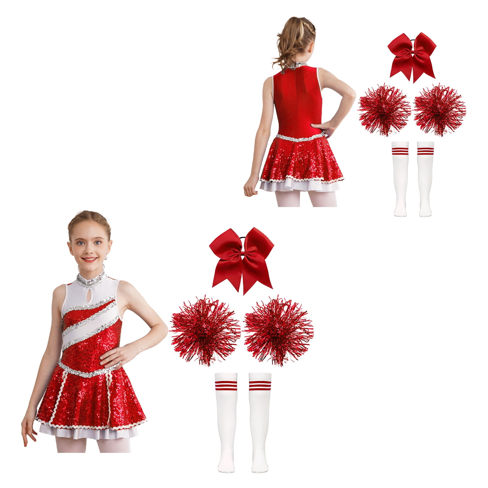iiniim Girls Cheer Leader Sequins Cheerleading Dress with Pom Poms Headwear Socks for Halloween B Red 12
