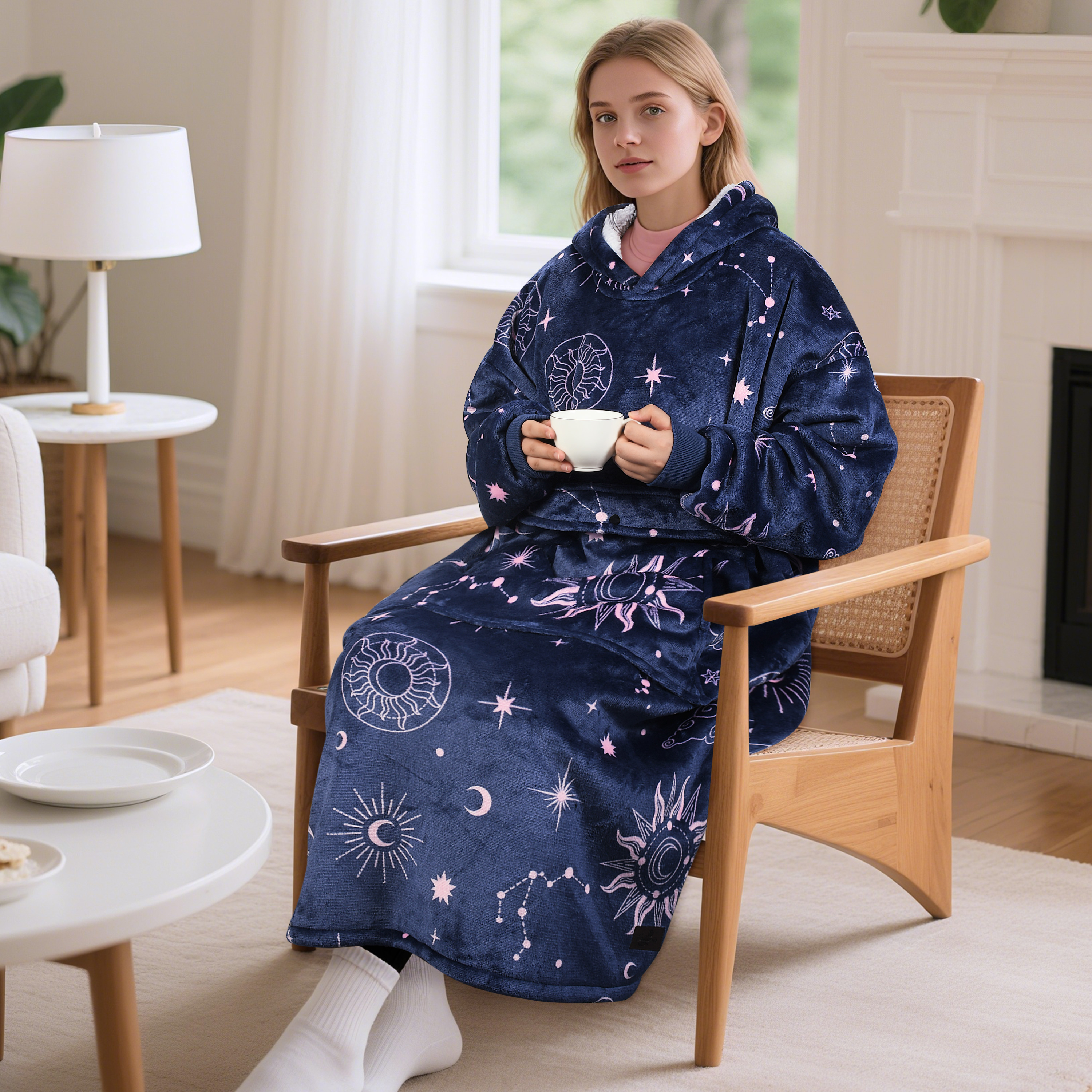 Catalonia Oversized Hoodie Blanket Sweatshirt, Comfortable Sherpa Lounging Pullover for Adults, Gifts for Women, Astrology Navy