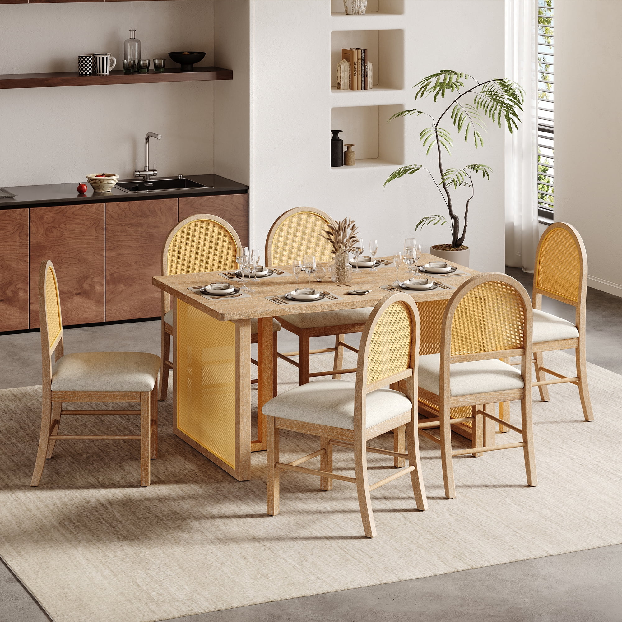 Euroco 7-Piece Farmhouse Solid Wood Dining Table Set for 6, 59.8" Rectangular Kitchen Table with 6 Rattan Chairs & L Shaped Legs,Kitchen Furniture for Dining Room,Natural