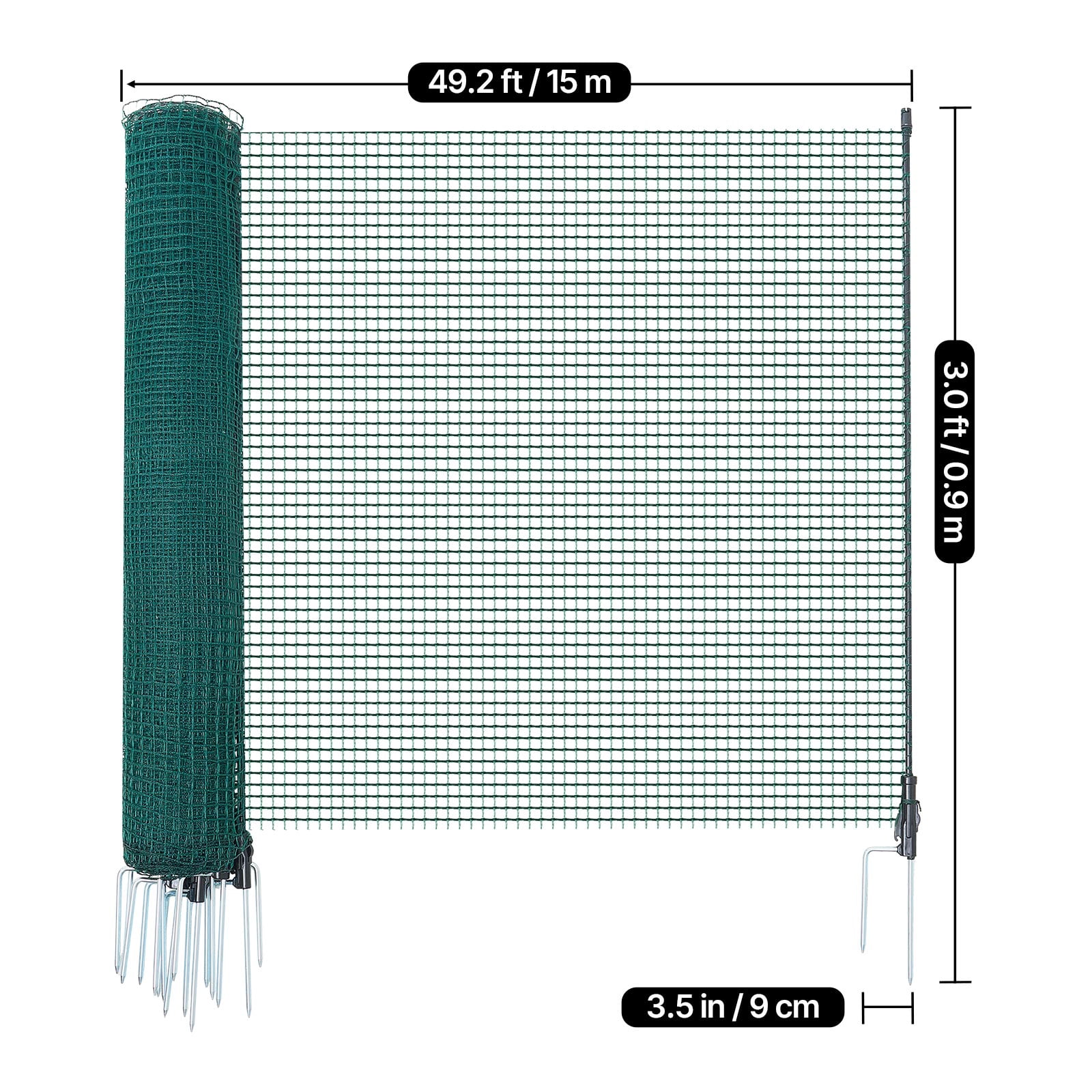 VEVOR Temporary Fence with Posts, 3 x 49.2 FT Plastic Mesh Fencing, Garden Safety Fences Netting with Double-Spike Stakes & Guy Ropes, Temporary Fence for Dogs, Chickens, Plants, Outdoor Yards
