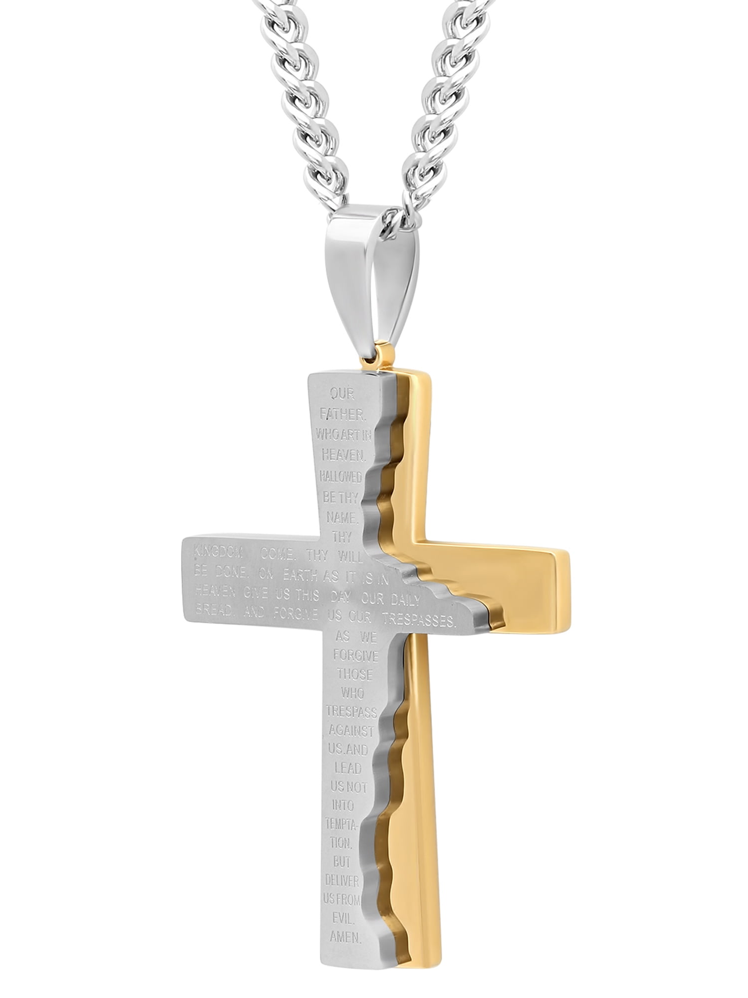 Men's Gold-Tone Stainless Steel The Lord's Prayer Tablet Cross Pendant - Brilliance Fine Jewelry