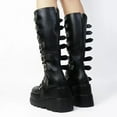 thumbnail image 5 of Women Platform Knee High Goth Boots Round Toe Zipper Back Combat Booties Shoes PU Leather Punk Buckle Motorcycle Boot, 5 of 7