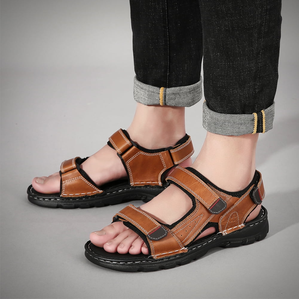 Lopise men's summer sandals leather casual beach sandals non slip folding resistance brown sandals US size 11