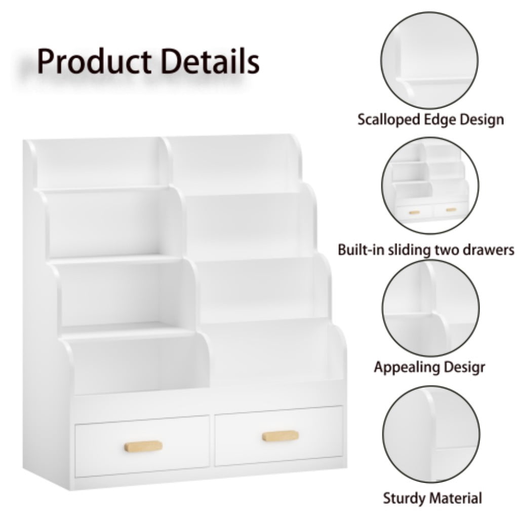 Kids Bookshelf with 2 Storage Drawers, Front-Facing Children's Bookcase & Toy Organizer, Multi-Tier Wooden Reading Shelf for Toddlers, Nursery, Playroom & Bedroom, White