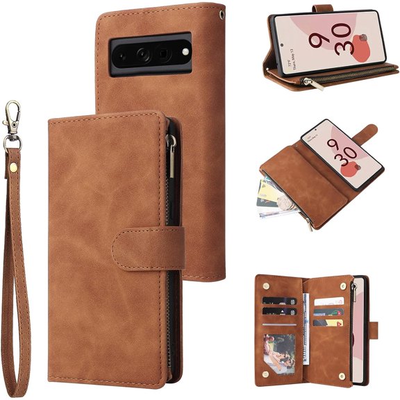 LINLIN Wallet Phone Case,Leather Flip Cover with Wrist Strap, Card Slots, Zipper Pocket Case Kickstand Card Holder Slots with Wrist Strap, Premium PU leather Case for Google pixel 7 pro