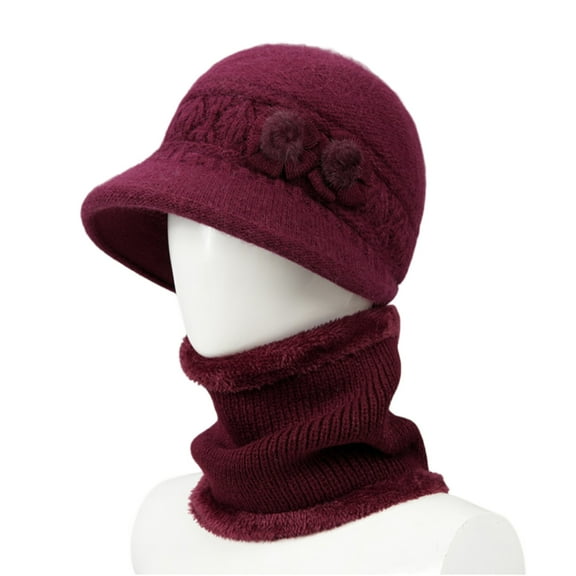 Dresfit Knitted Cloche Hat Women Round Brim Crohet Bucket Hat with Bib Flower Thermal Vintage Winter Slouchy Visor Brim Baggy Fisherman Cap Wine One Size