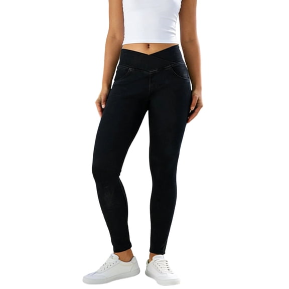 hoksml Women's High Waisted Skinny Jeans Cross Waist Stretch Denim Leggings Tummy Control Casual Yoga Pants with Pockets