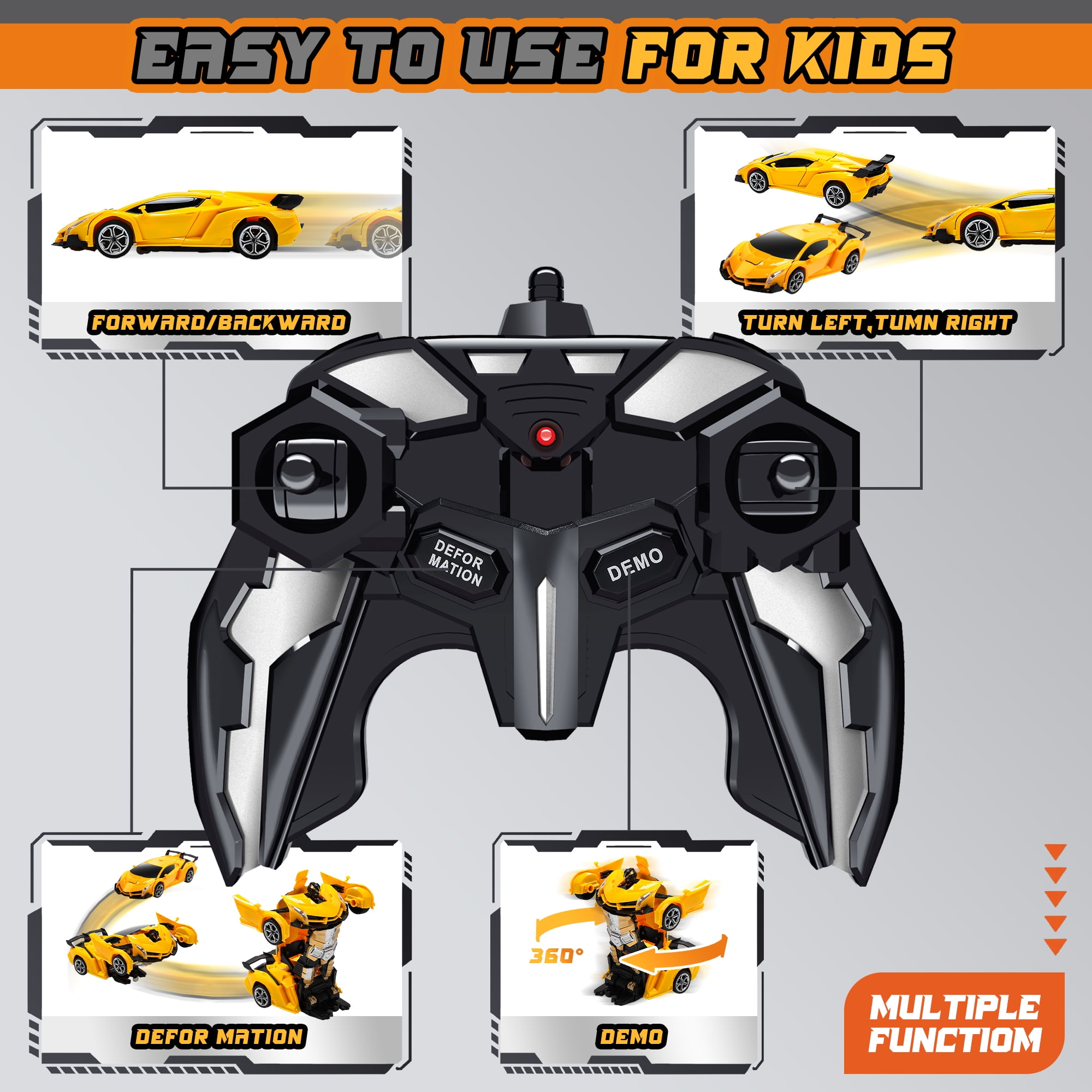 2-Pack of Remote Control Transforming Car for Boys Girls 4-7, 360°Rotating,One-Button Deformation, Automatic Demonstration, Best Gift for Kids