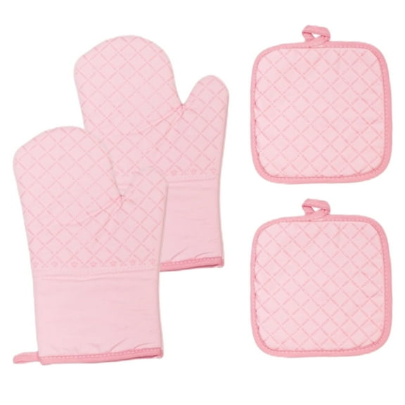 Oven Mitts and Pot Holders for Kitchen Heat Resistant - 4pcs Cotton Oven Gloves & Hot Pads with Non-Slip Silicone Grip Long Arm - Pink