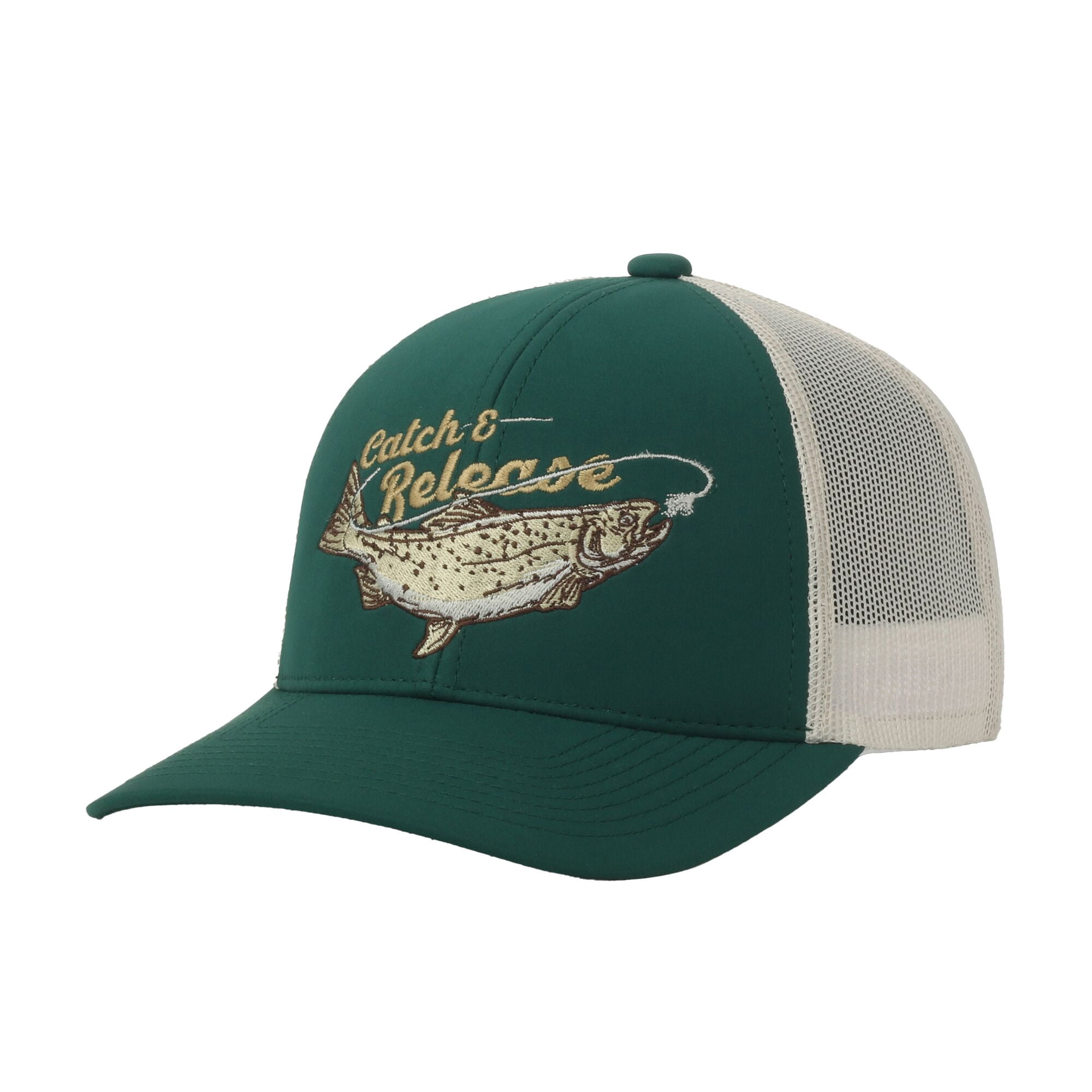 Green/Putty Trout 5-Panel Fishing Cap – Structured, Embroidered, Snapback, One Size