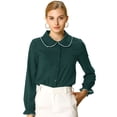 thumbnail image 1 of Blusa De Manga Larga Con Cuello Peter Pan Y Volantes Para Mujer Verde negruzco XS, 1 of 6