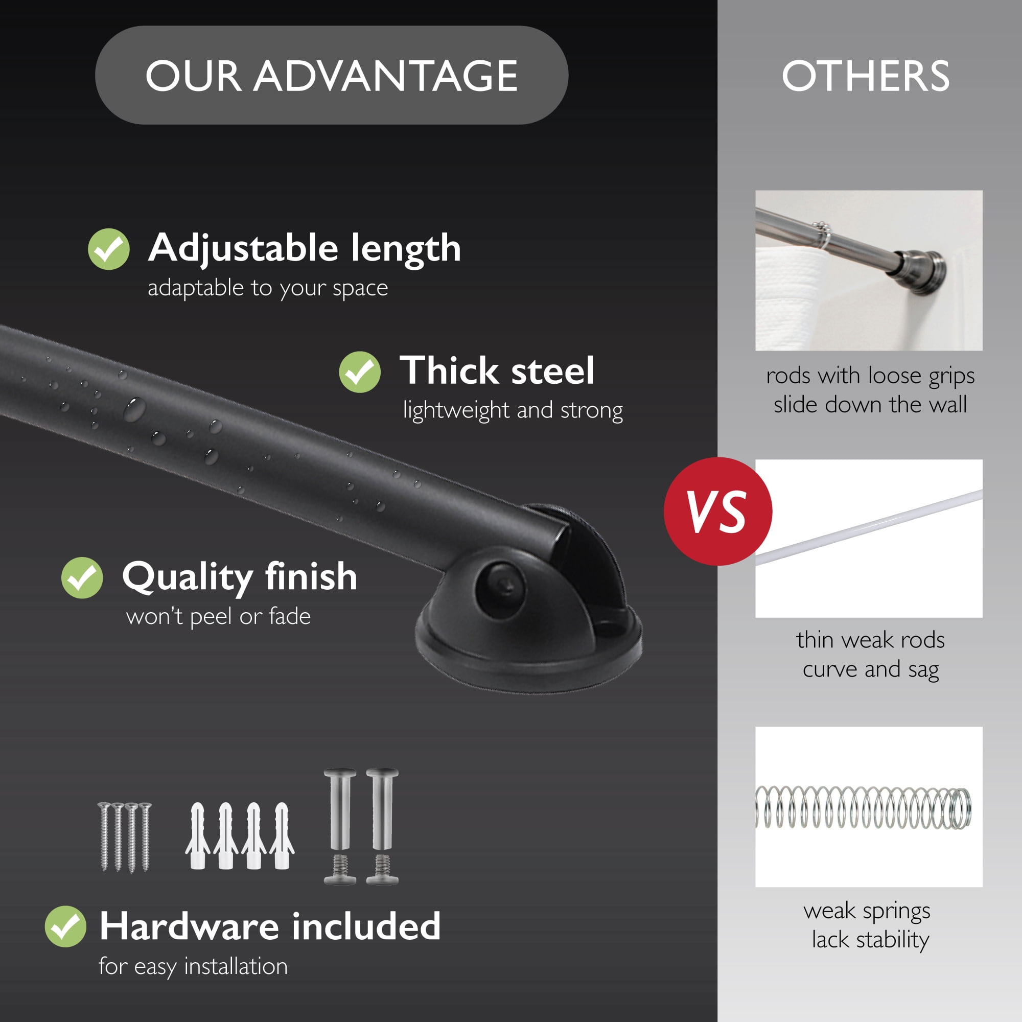 Adjustable Curved Shower Rod, 44-Inch to 66-Inch, Design House Shower Curtain Rod, Expandable, Matte Black, WM758281