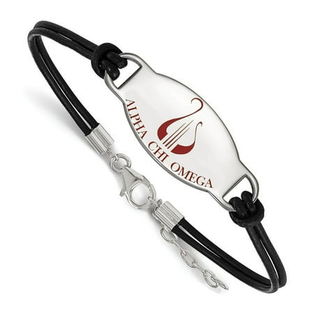 Chi Omega Block - Sterling Silver LogoArt Alpha Chi Omega Enameled Oval Black Leather Bracele