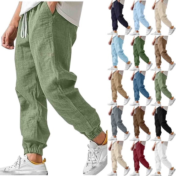 Axiiglly Mens Cotton Linen Pants, Drawstring Waist Lightweight Joggers with Pockets, Relax Fit Hiking Casual Cuffed Trouser, S-3XL Black