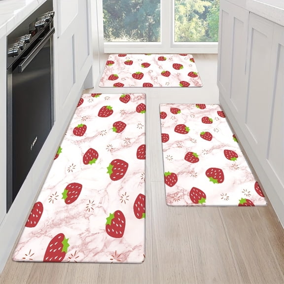 8mm 18D Sponge Kitchen Mat Set, 2/3pcs Farmhouse Strawberry Rug, Anti-slip Flannel Rug for Kitchen Bathroom Entrance, Soft Easy Clean Home Decor