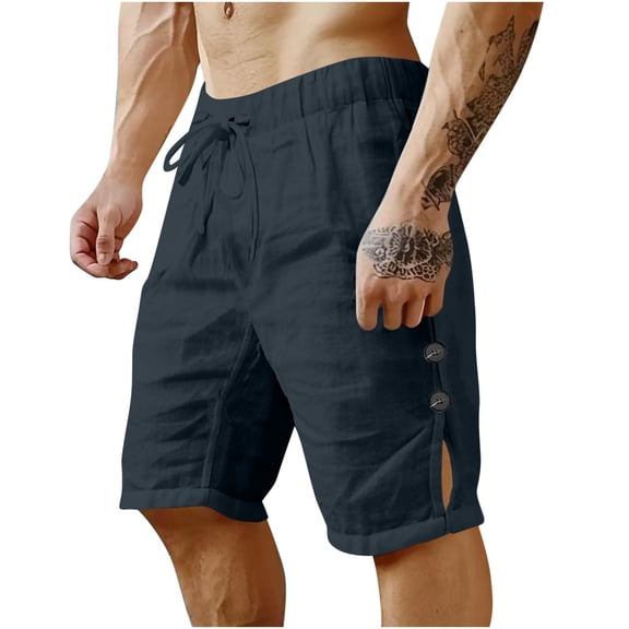 hotojiny Men's Linen Shorts Casual Classic Fit Beach Golf Shorts Lightweight Elastic Waist Knee Length Shorts with Drawstring