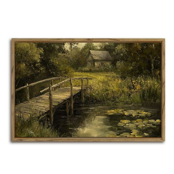 Rustic Bridge Cabin Scene Horizontal Canvas Wall Art with Lightweight Foam Frame - Durable and Ready to Hang, Modern Decorative Print for Living Room, Bedroom, Or Office