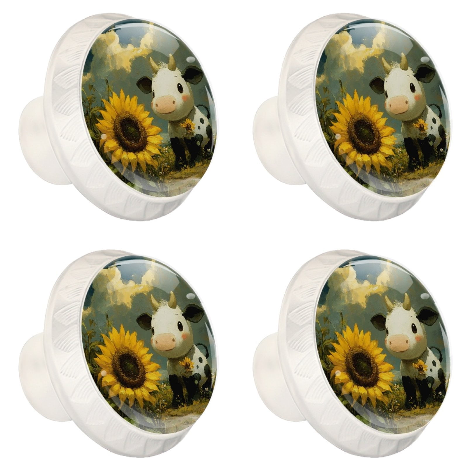 4 Pcs Cow and Sunflower Knobs for Kitchen Cabinet Cupboard Dresser Bookcase Drawer Pulls Handles Round Home Decor