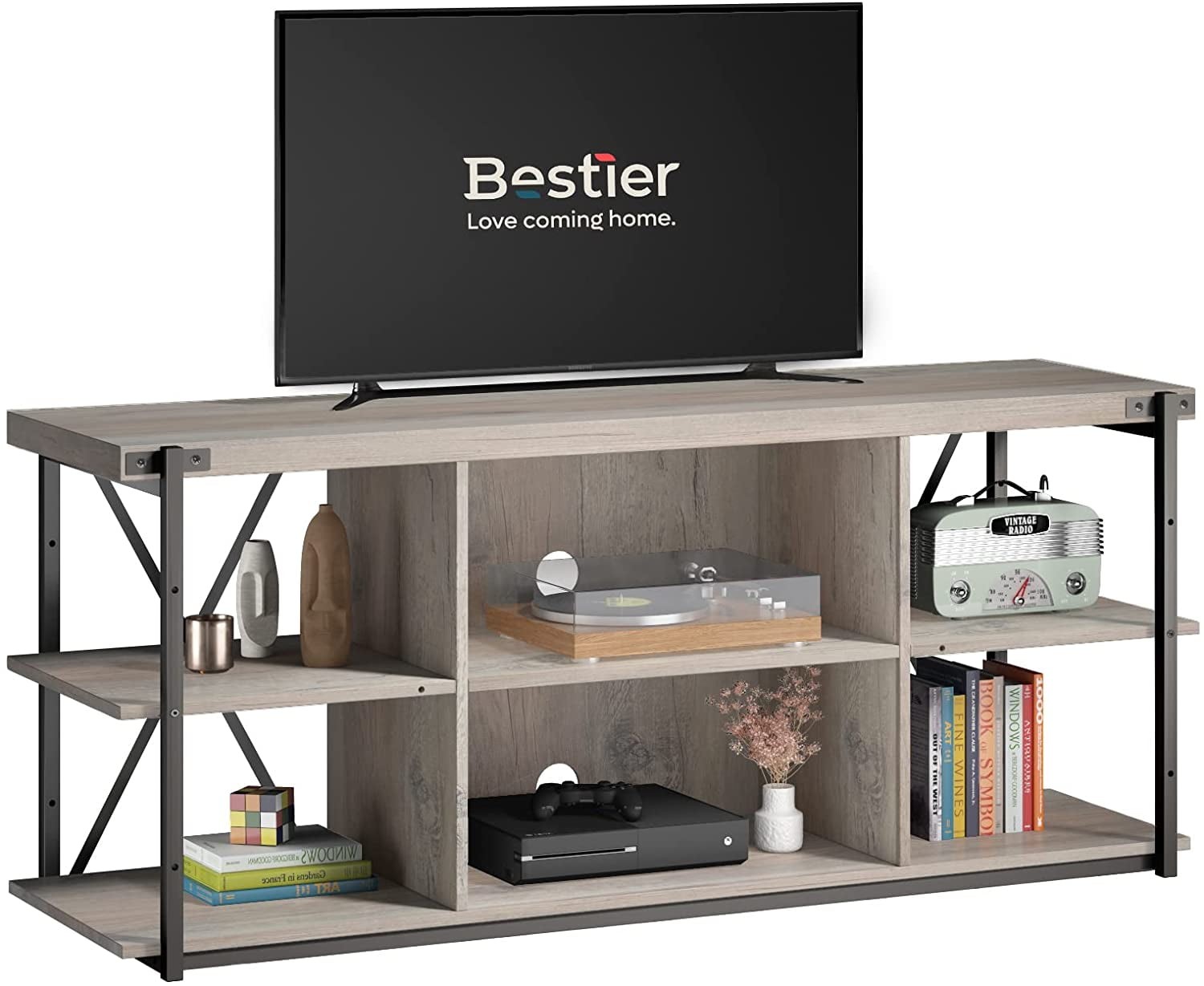 Bestier Farmhouse TV Stand with Storage Shelves for TVs up to 65", Wash