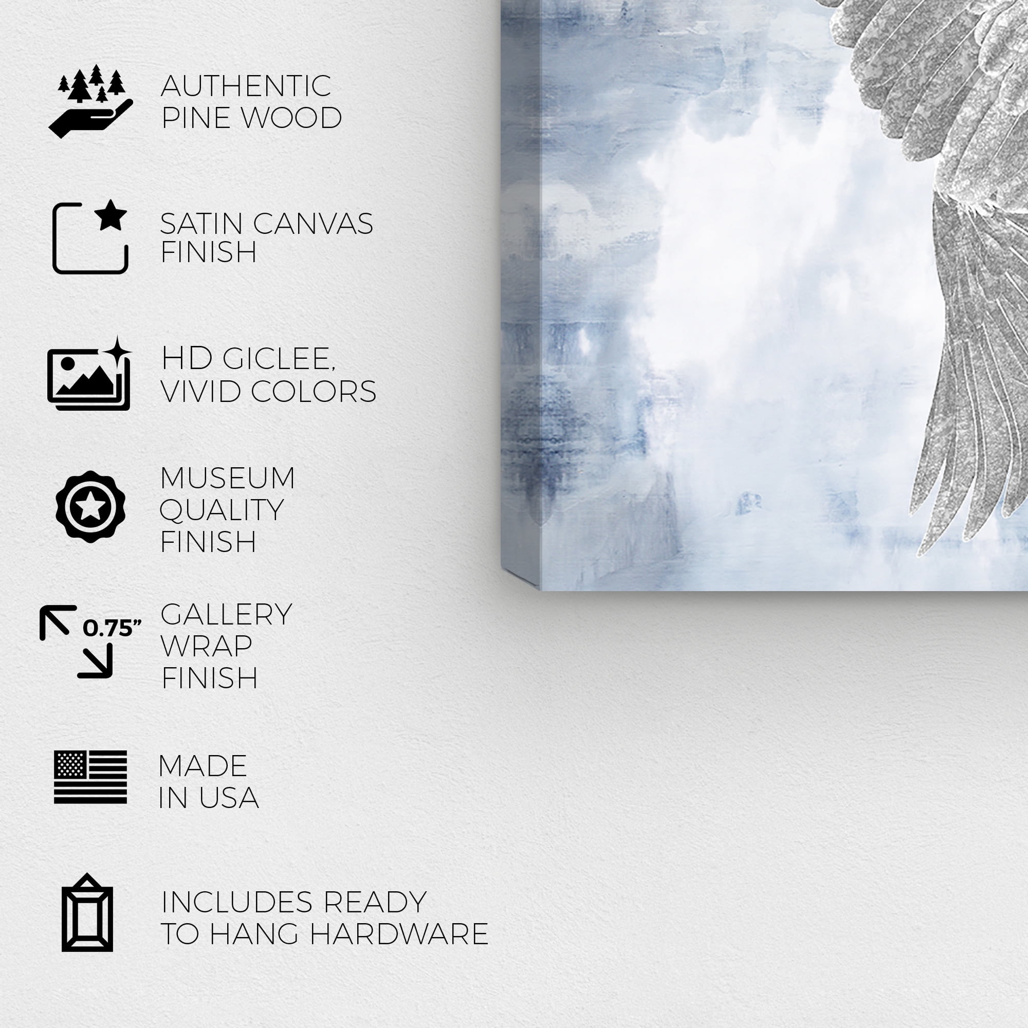 Wynwood Studio Fashion and Glam Modern Canvas Art - Silver Wings On Blue And White Background, Wall Art for Living Room, Bedroom, and Bathroom, 12 in x 12, Home Decor