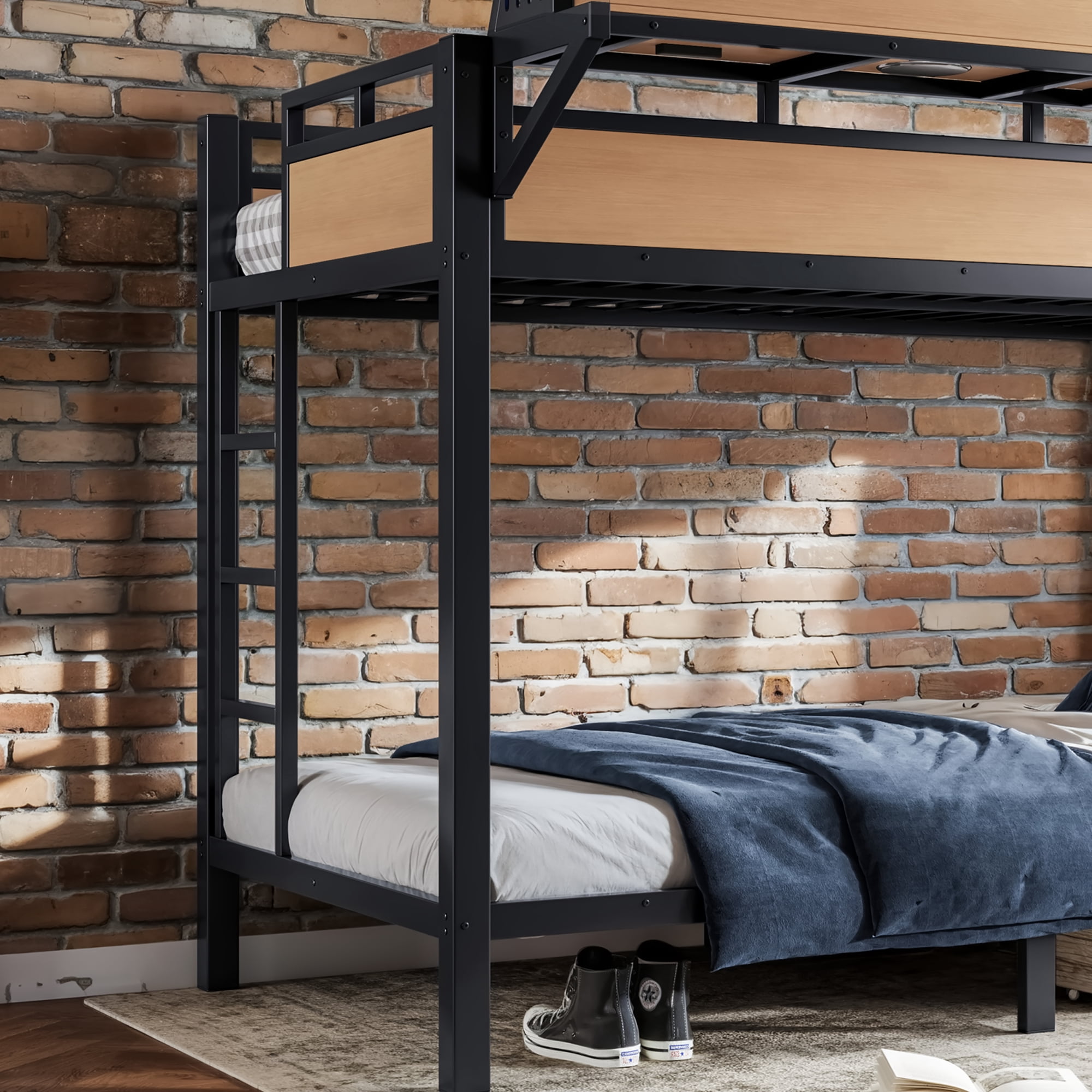 Mintazer Twin XL Over Twin XL Bunk Bed with Storage Shelves and Pegboard, Metal Bunk Bed Frame with LED Lights & Charging Station for Bedroom Guest Room, Black & Brown