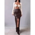 thumbnail image 5 of Women'S High Waist Front Slit Pure Color Simple Style Leather Pencil Skirt Bodycon Midaxi Dark Brown S, 5 of 8