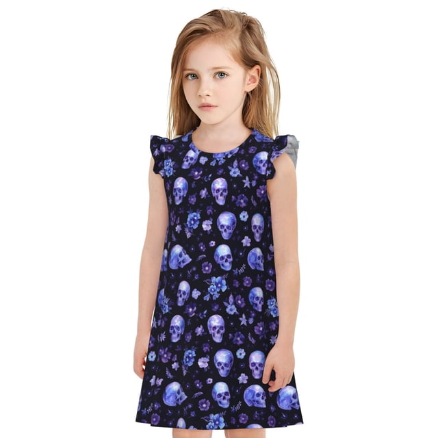 Balery Skull flower leaf purple Camisón de princesa para niñas, pijama de algodón con mangas abullonadas, suave y bonito.-Large