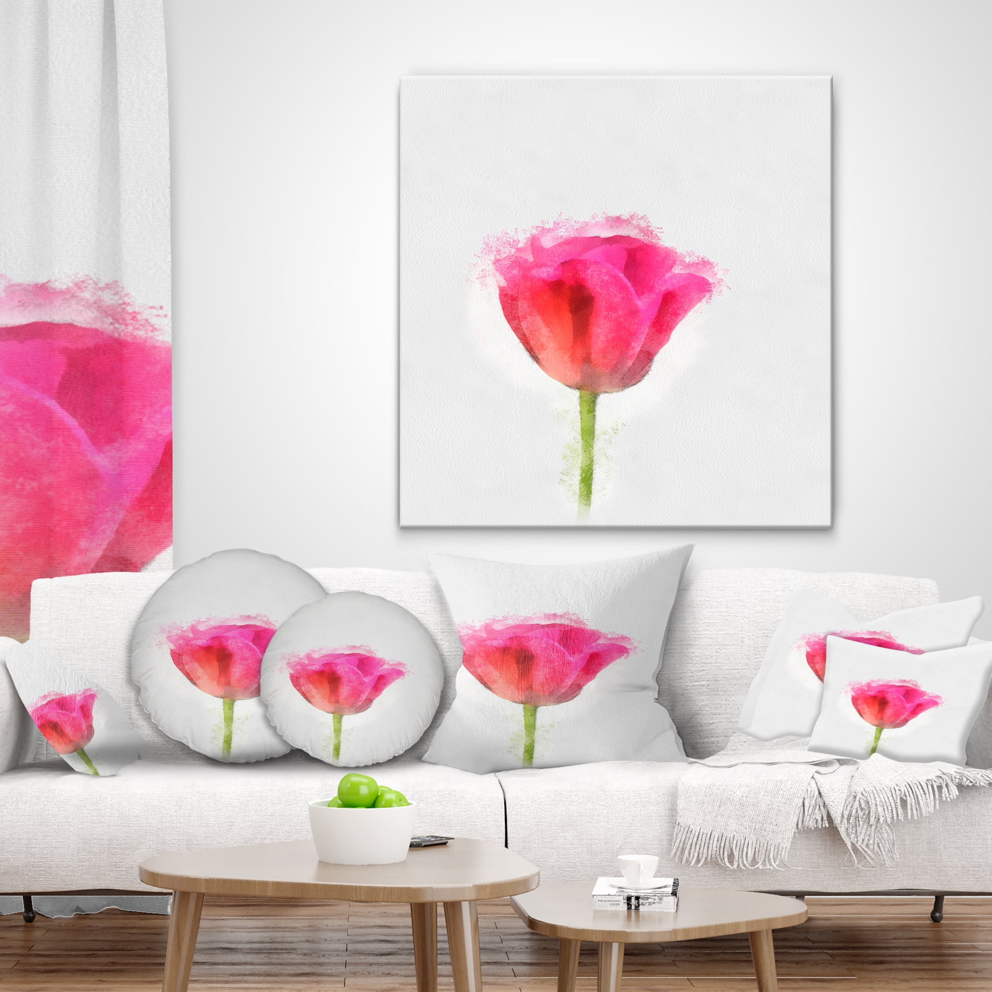 Designart Bloomy Pink Tulip on White Drawing - Flower Throw Pillow - 18x18