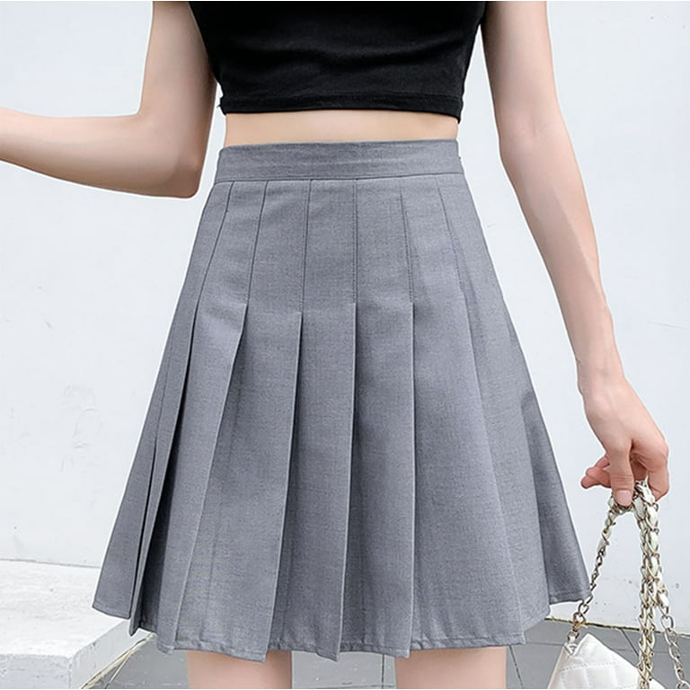 EQWLJWE Girls Women High Waisted Pleated Skirt Plain Plaid A-line
